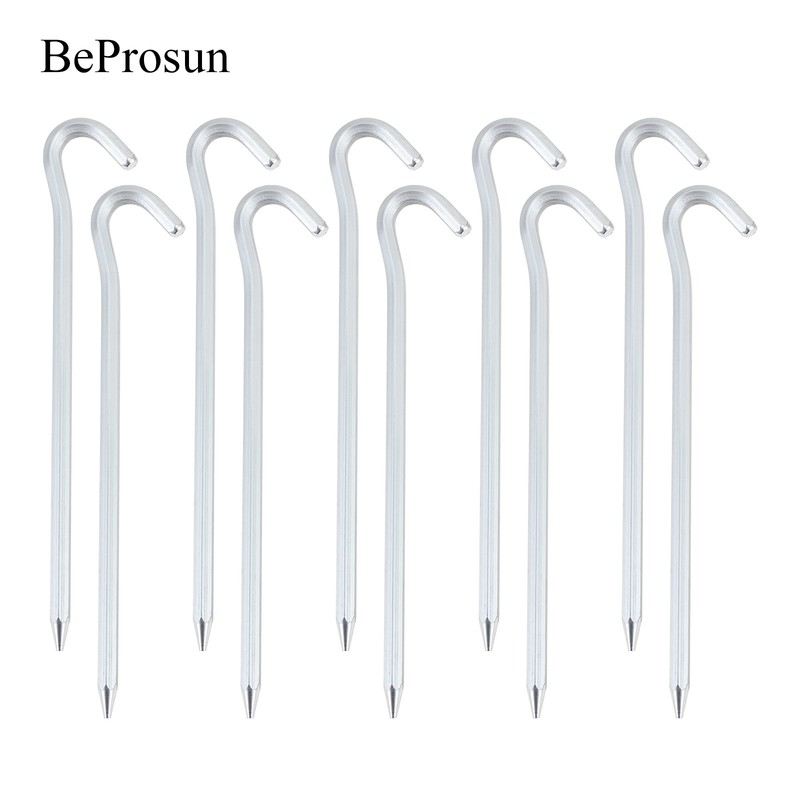 BeProsun 10Pcs Aluminum Tent Stakes with Hook 7inch Hexagon Rod Camping Stakes