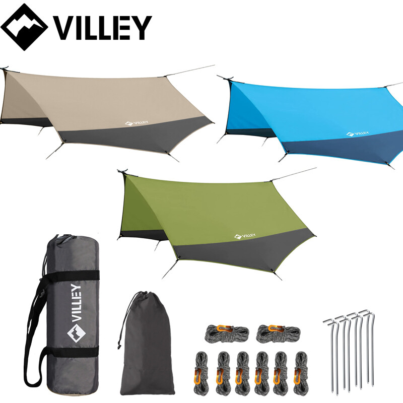VILLEY Camping Tarp Hammock Tent Rain Fly Heptagonal Tarp w/Bag Blue/Green/Khaki