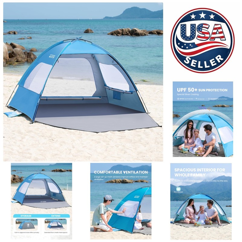 Luxury Beach Tent for 3-4 with Quick Setup and Removable Skylight for Sunshade