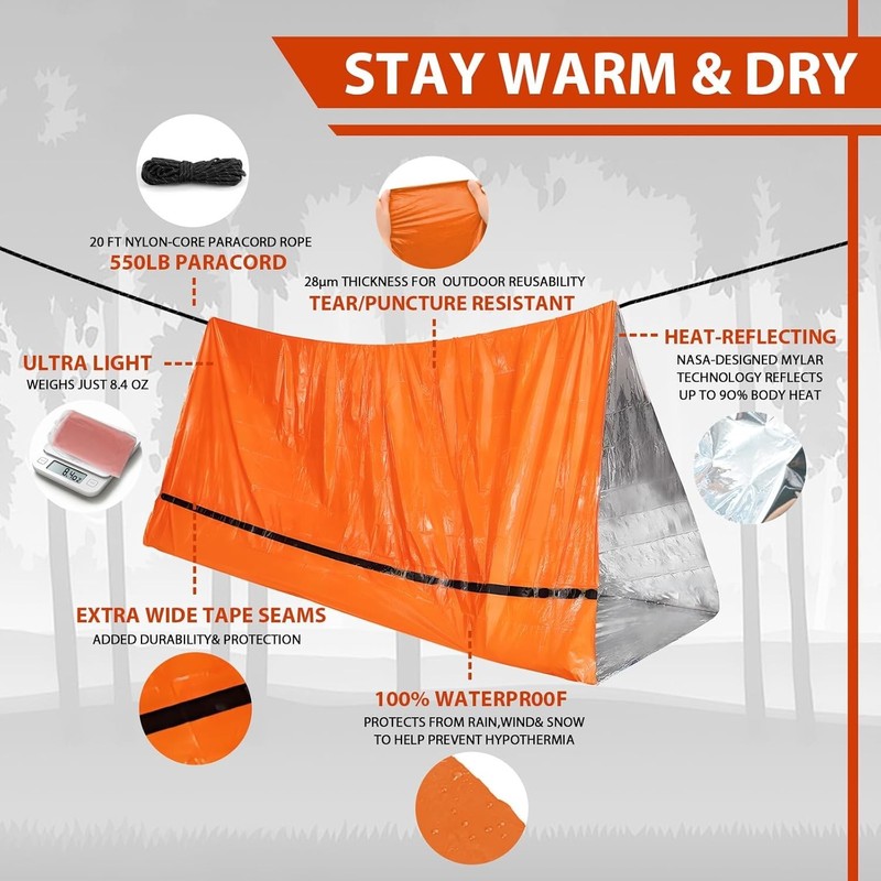 Compact 2-Person Mylar Emergency Shelter - Waterproof Survival Tent - Orange gallery