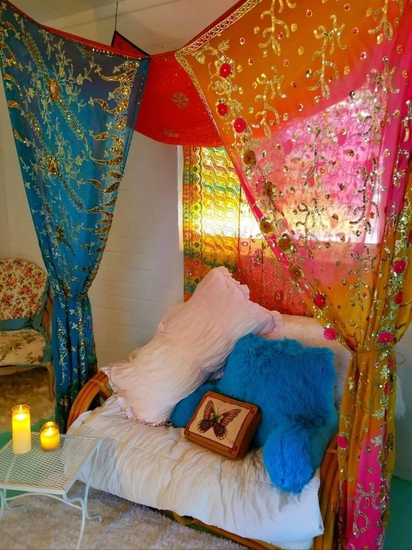 Indian Vintage Handmade Hippie Sari Silk Bed Canopy Curtain Drapes Room Canopy
