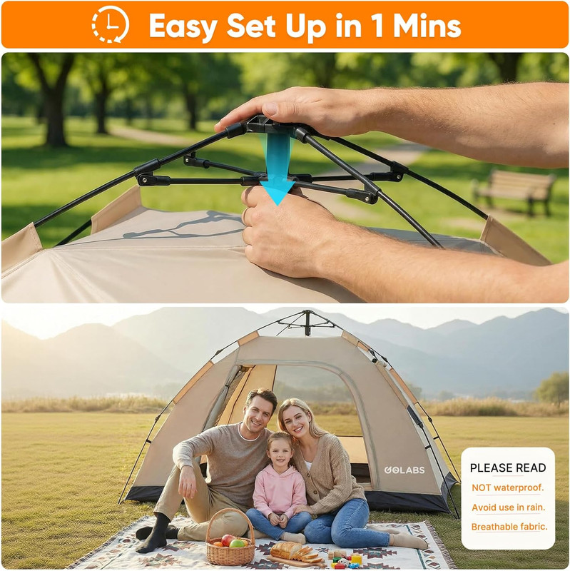 CT3 2 Person Instant Camping Tent, 1-Minute Setup by Pre-Attached Pole, 4 Side M gallery