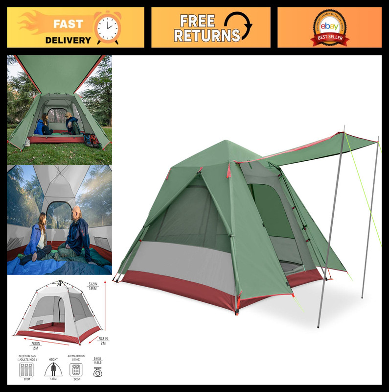 3-Person Waterproof Camping Tent – Instant Setup Cabin Tent with Sun Shade & Alu