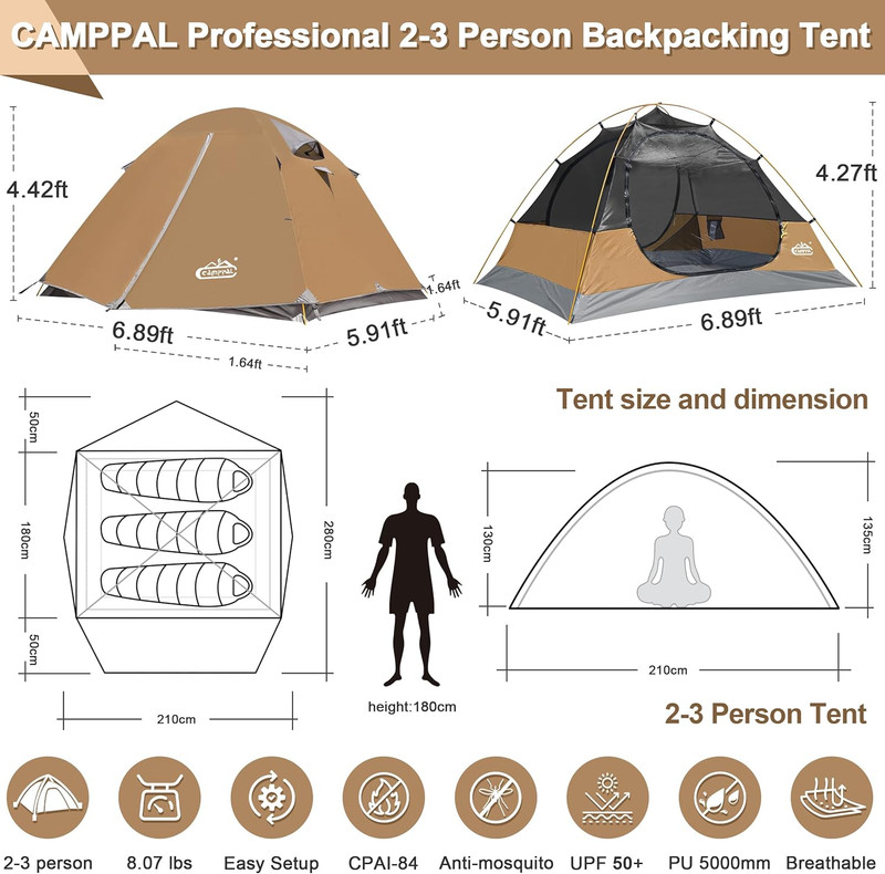 2-3 Person Backpacking Tent with Double Door 2 Vestibule, Waterproof Windproof L gallery