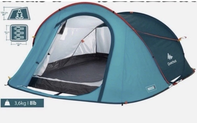 Decathlon Quechua 2 Second Auto Pop Up Waterproof Camping Tent 3 Person