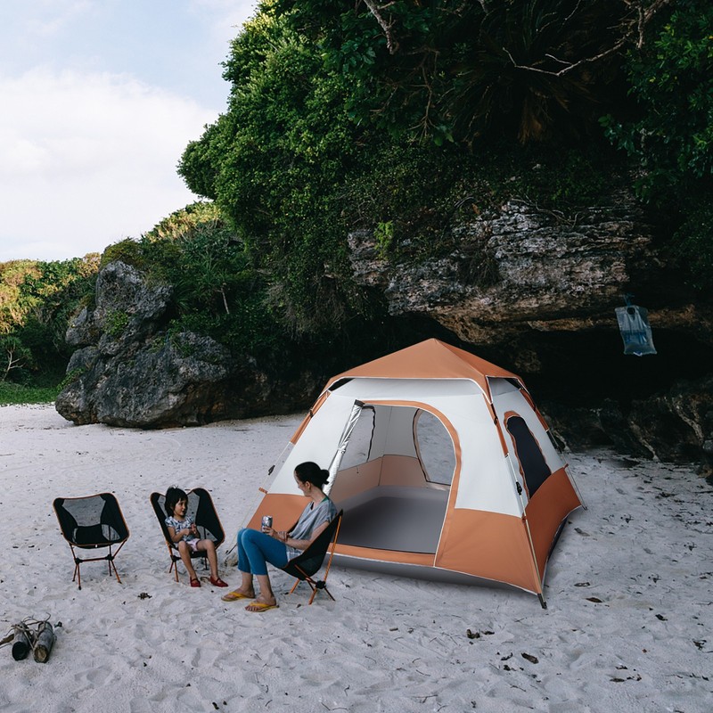 240*240*150cm Spring Quick Opening Four-Person Family Tent Camping Tent Brown gallery