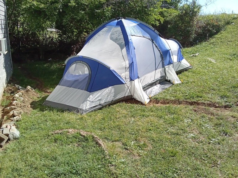North Gear Cabin Tent Blue Gray 2 Doors 4 Windows Portable Carry Bag