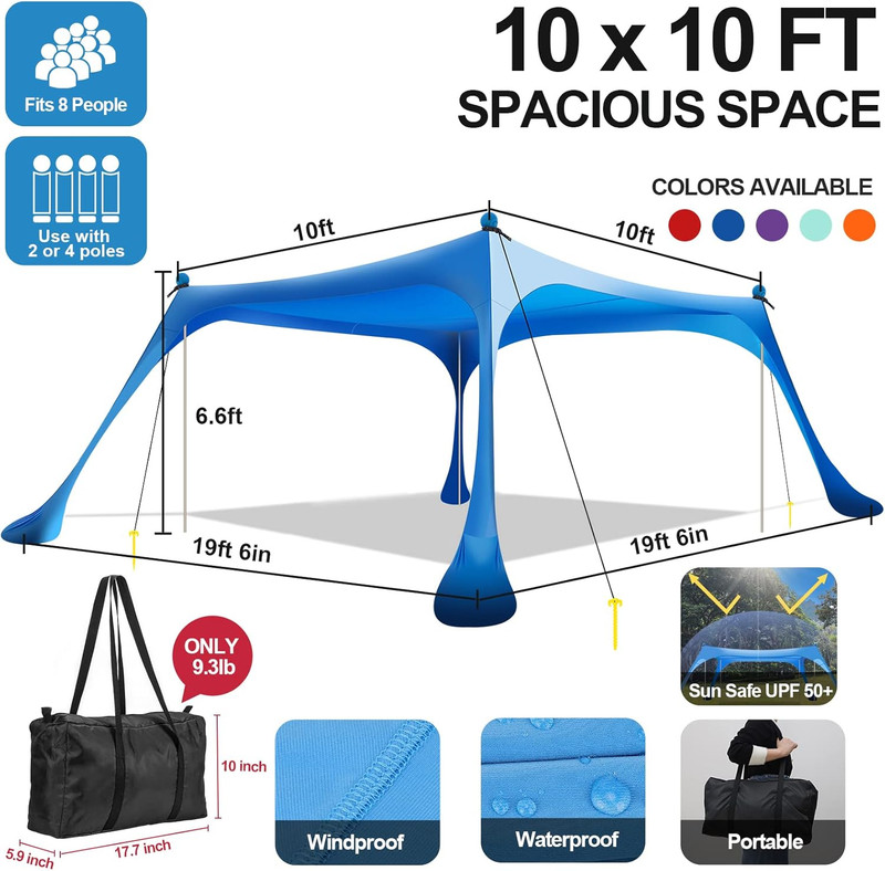Beach Tent Pop up Shade 10X10Ft Beach Canopy Sun Shelter UPF50+ with 4 Foldable gallery