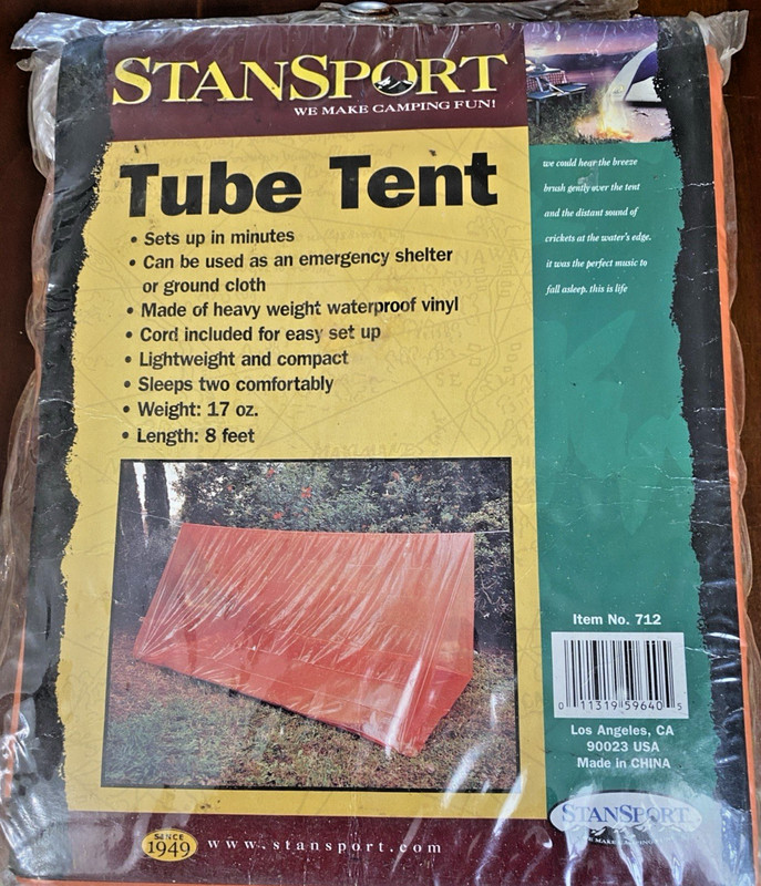 NEW Stansport Tube Tent Emergency Shelter 8ft Lightweight Vinyl Orange with rope