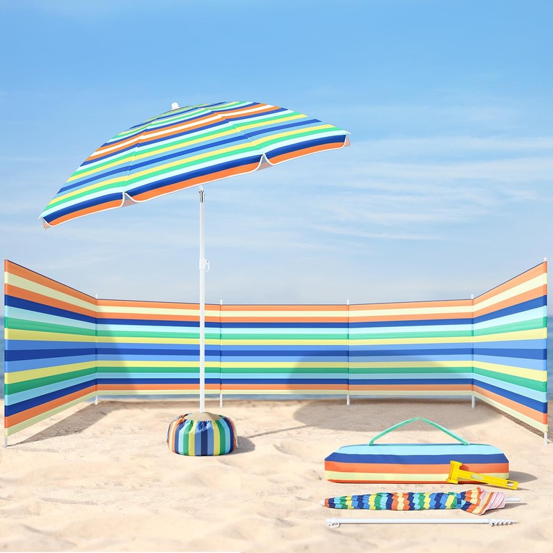 20ft Beach Windscreen with 6ft Umbrella UV 50+ Kit, Sandbag & Anchor Included