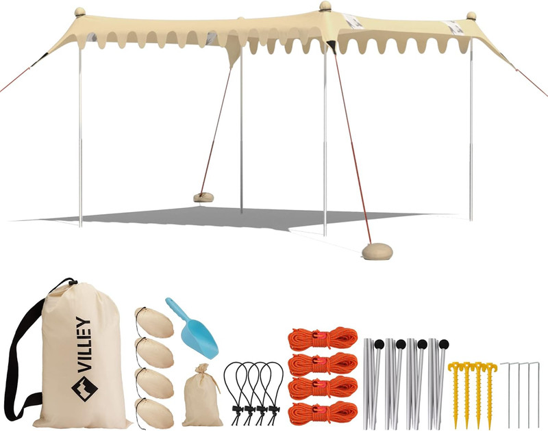 UPF50+ Beach Tent Sun Shelter, Portable 11×10′ Canopy w/Stability Poles Sandbags