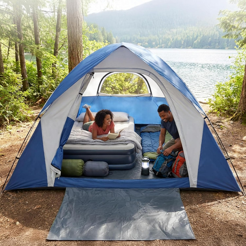 Dome Camping Tent Easy Setup for 4 Person Double Layer for Camping Hiking Blue