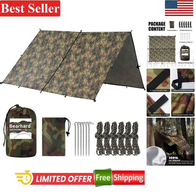 UV-Resistant Waterproof Tarp for Hiking and Fishing - Compact 10x10 Shelter Kit