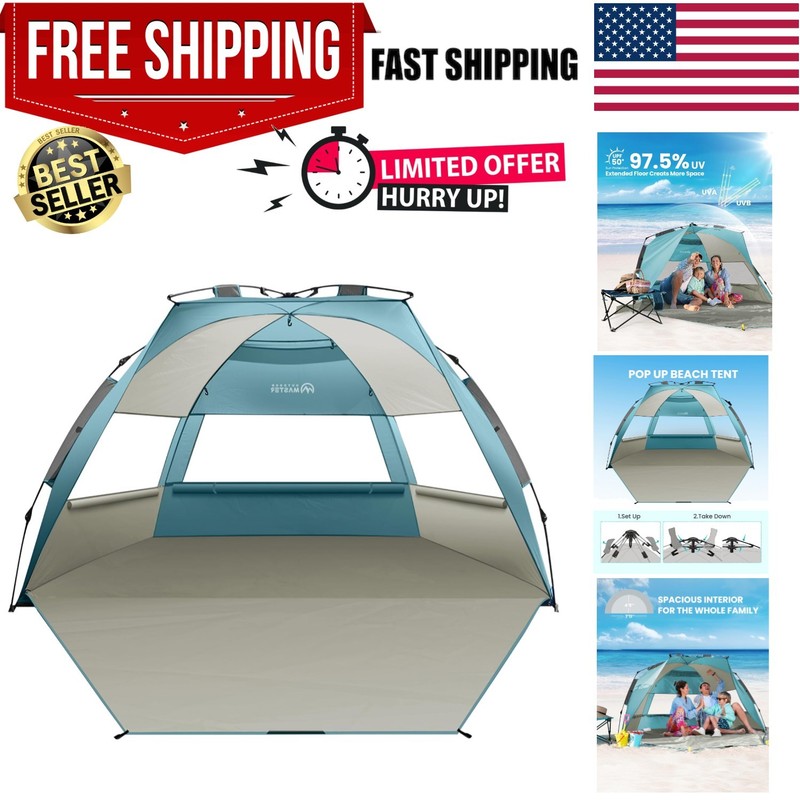 Beach Tent Sun Shelter for 3-4 Person, Pop Up Beach Tent Easy Setup with Sand…