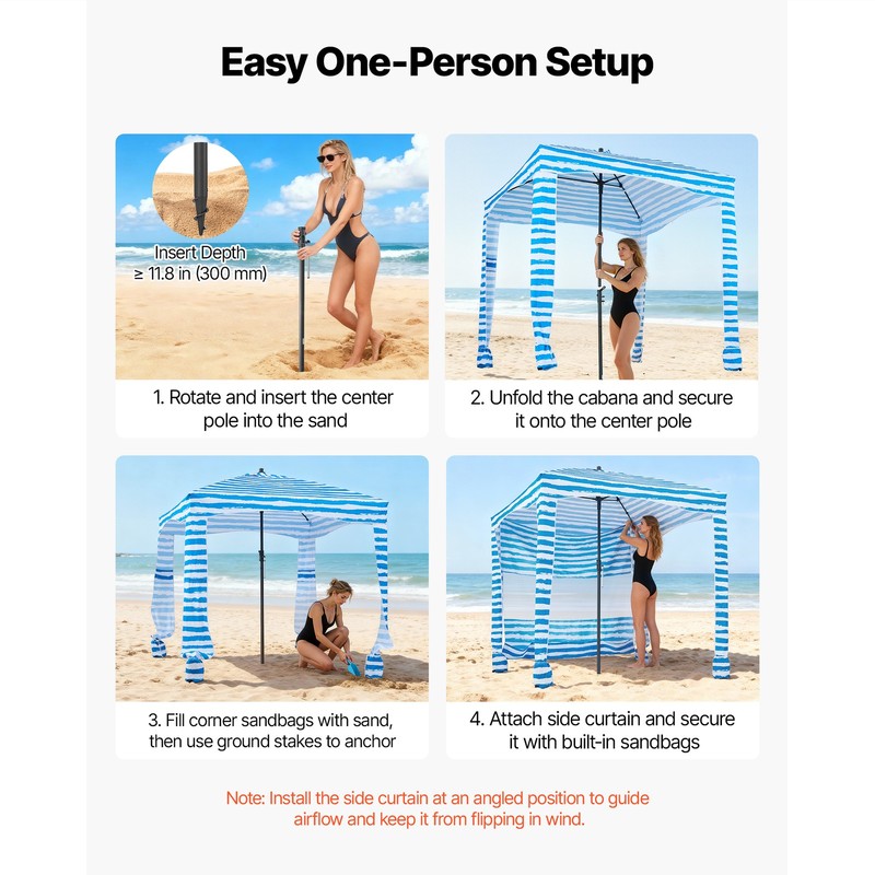 Uimoso Beach Cabana Canopy with Side Wall 6 x 6 ft UPF 50+ Blue Stripes gallery