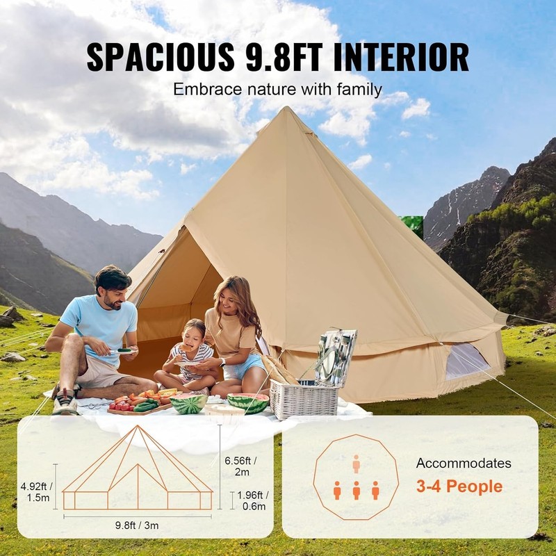Canvas Tent Bell For Camping with Stove Jack, Family Outdoor Hunting Party