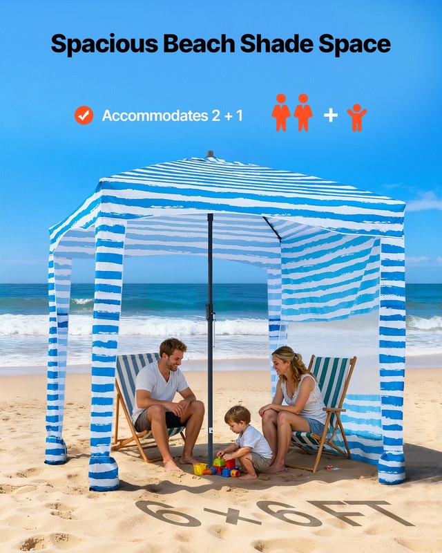 VEVOR Beach Cabana Beach Canopy with Side Wall 6 x 6 ft UPF 50+ Blue Stripes gallery