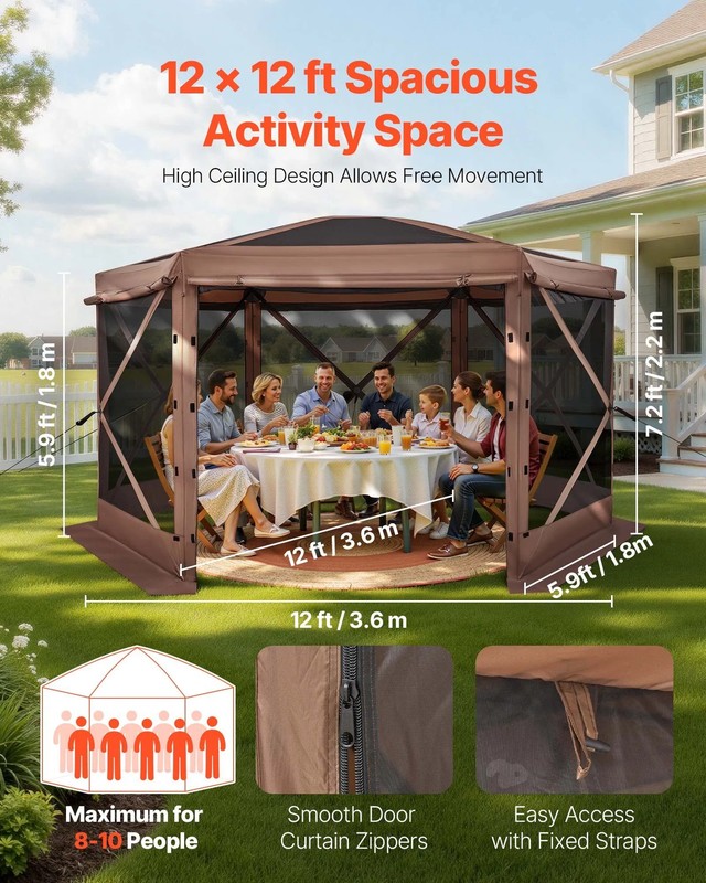 Pop up Gazebo Screen Tent, 12 x 12 ft Large 6-Sided Camping Canopy Tent with Rem