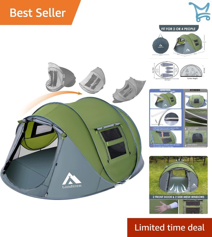 Pop Up Tent Waterproof 4 Person Easy Setup Camping & Hiking Gear