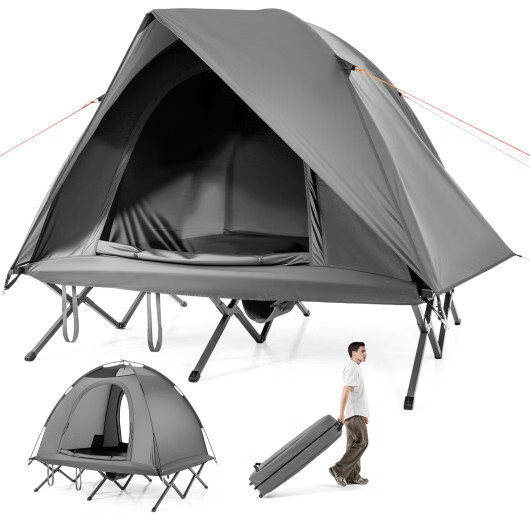 2-Person Camping Cot Tent Foldable Off-Ground Camping Combo for Adults-Grey – Co