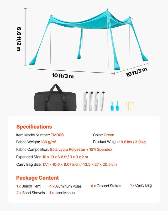 UPF50+ 10x10ft Beach Canopy: Pop-Up Sun Shelter with Sandbags & Stakes gallery