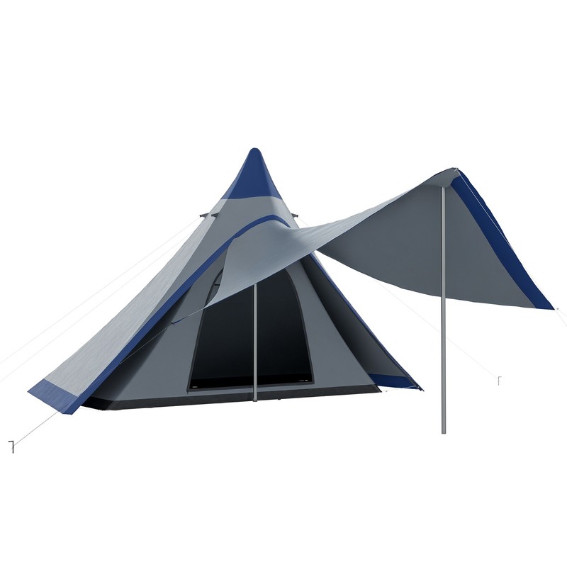 Outsunny 2-3 Person Teepee Tent, Easy Setup Camping Tent w/ Porch, Blue