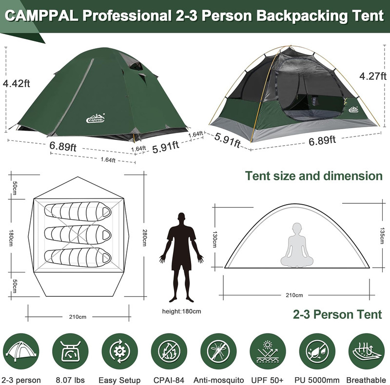 2-3 Person Backpacking Tent with Double Door 2 Vestibule, Waterproof Windproof L gallery