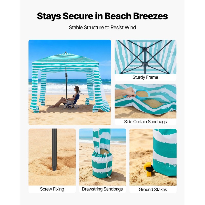 Uimoso Beach Cabana Canopy with Side Wall 6 x 6 ft UPF 50+ Green Stripes gallery