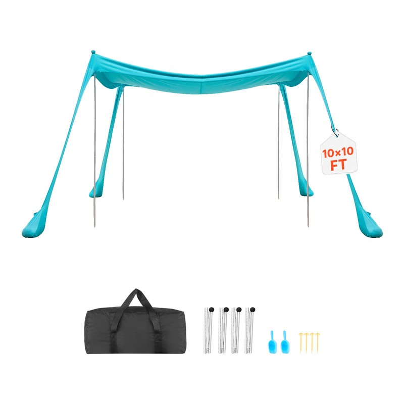 VEVOR Beach Tent Sun Shelter Portable Sun Shade Canopy 10 x 10 ft UPF50+ Sandbag