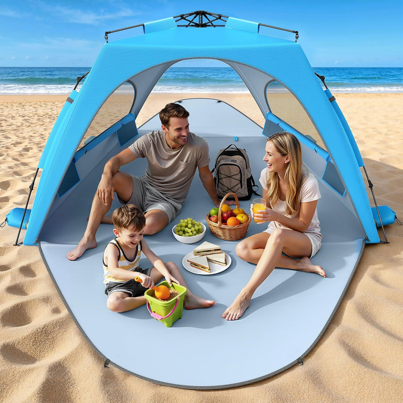 Beach Tent Sun Shelter, 3-4 Person Pop up Beach Canopy, Portable Sun Shade Tent