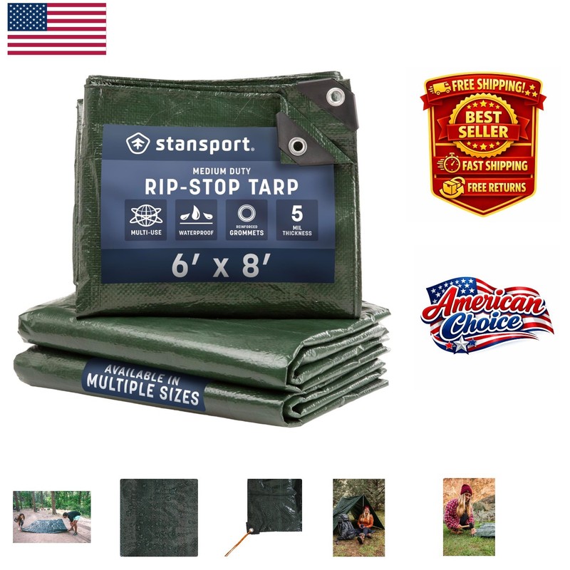 Durable 6′ x 8′ Dark Green Camping Tarp – Medium-Duty Waterproof Protection