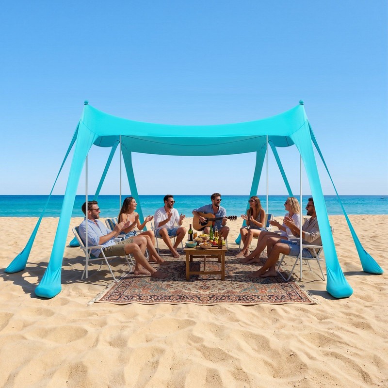 Beach Sun Shelter 10x10ft, UPF50+ Lycra, 8 Sandbags, 4 Alum Poles, Easy Setup gallery