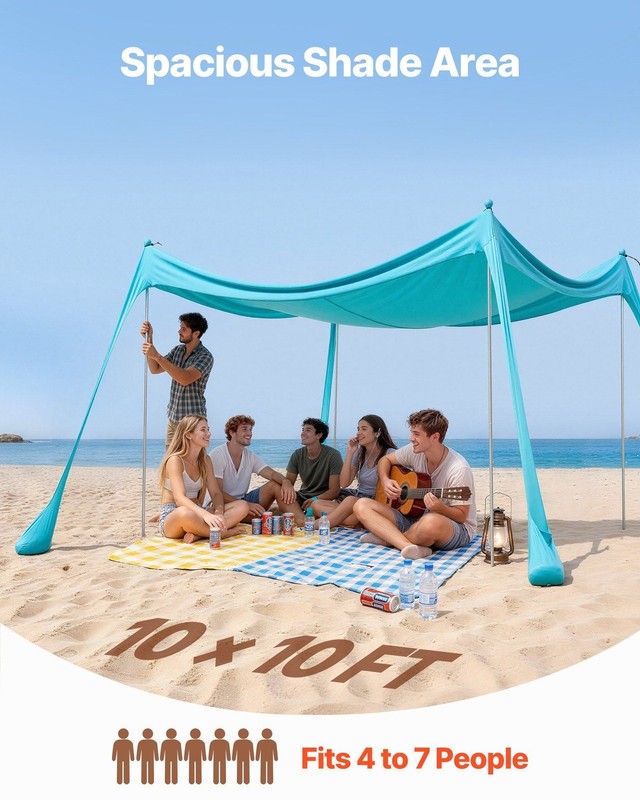 UPF50+ 10x10ft Beach Canopy: Pop-Up Sun Shelter with Sandbags & Stakes gallery