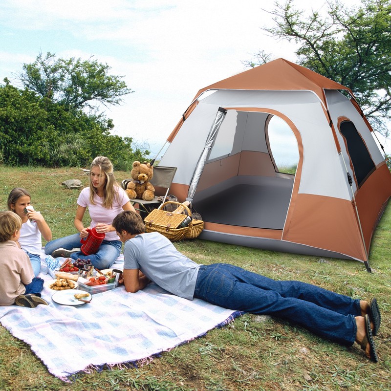 240*240*150cm Spring Quick Opening Four-Person Family Tent Camping Tent Brown gallery