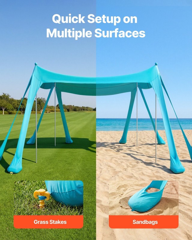 Beach Sun Shelter 10x10ft, UPF50+ Lycra, 8 Sandbags, 4 Alum Poles, Easy Setup gallery