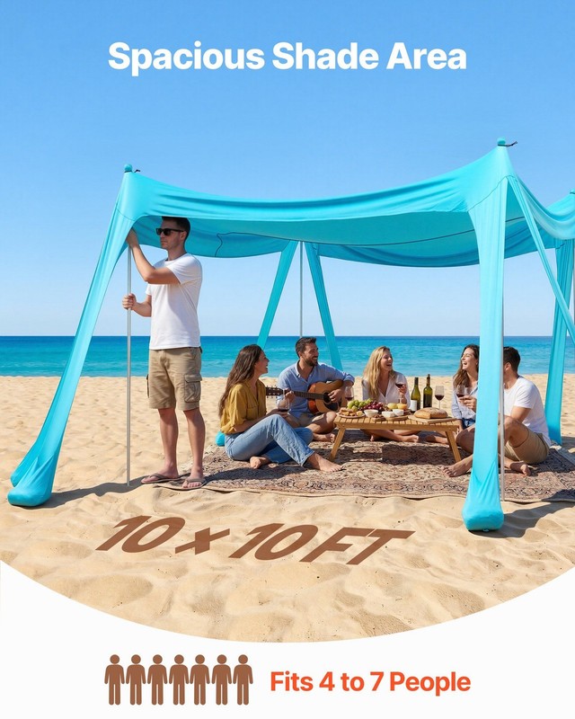 Beach Sun Shelter 10x10ft, UPF50+ Lycra, 8 Sandbags, 4 Alum Poles, Easy Setup gallery
