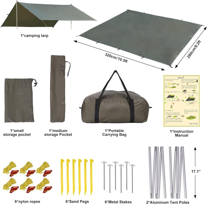 10.5x9.2FT Camping Tarp w/ Poles Portable Sun Shelter Beach Tent Tarp Waterproof gallery