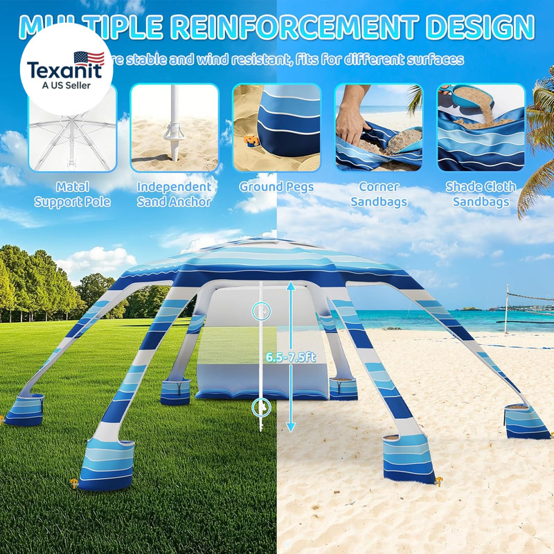 Beach Cabana with 6-Corner, 51.0 Sq.Ft UPF50+ Beach Canopy, Adjustable Height Be gallery