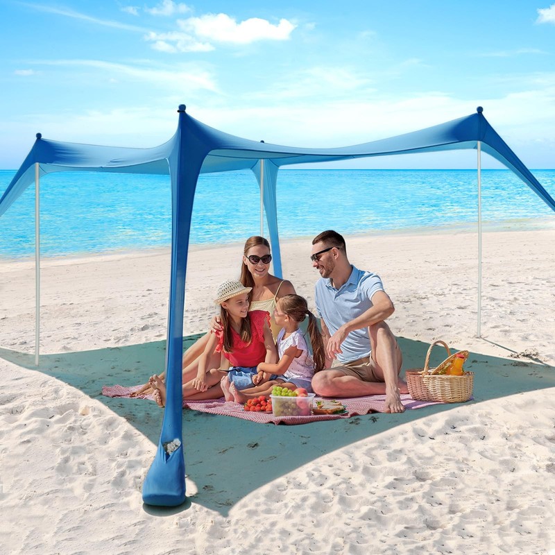 Beach Tent 10 x 10 FT with 4 Stability Poles Sandbags Anti-Wind Ropes Ground