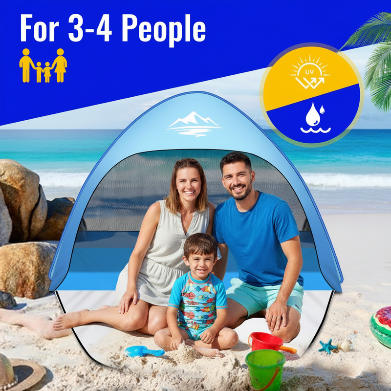 3-4 Person Beach Tent Sun Shade Portable Sun Shelter UV Protection Waterproof gallery