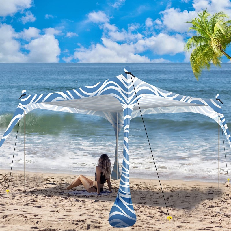 Beach Tent Pop Up Shade 10x10ft Beach Canopy Sun Shelter UPF50+ with 4 Foldab…