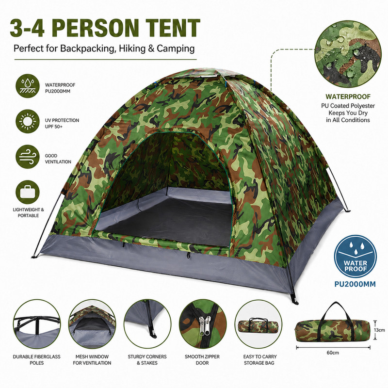 3-4 Person Pop Up Tents Waterproof Windproof Instant Tent for Camping Hiking New