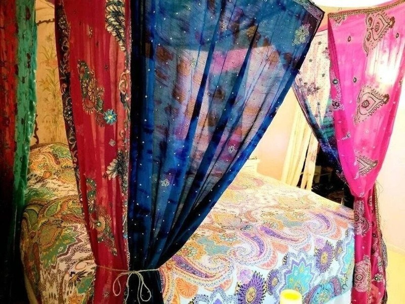 Indian Vintage Handmade Hippie Sari Silk Bed Canopy Curtain Drapes Room Canopy