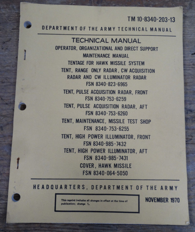 Dept of the Army TM 10-8340-203-13 Tentage for Hawk Missile System (Nov 1970)