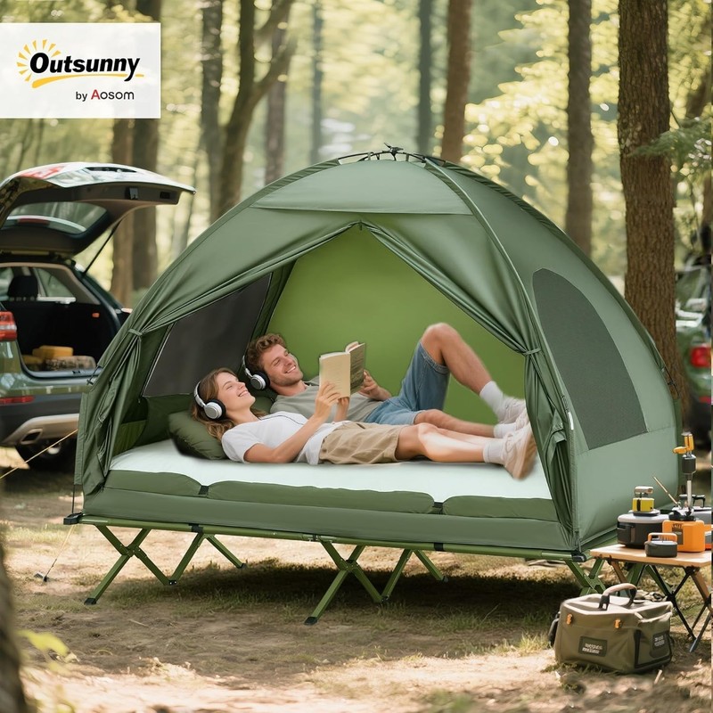 Folding Camping Cots W/Tent Portable 2-Person Tent Bed Camping Combo Set, Green gallery