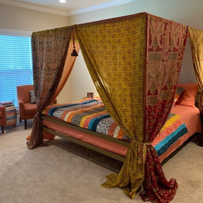 Indian Vintage Handmade Hippie Sari Silk Bed Canopy Curtain Drapes Room Canopy