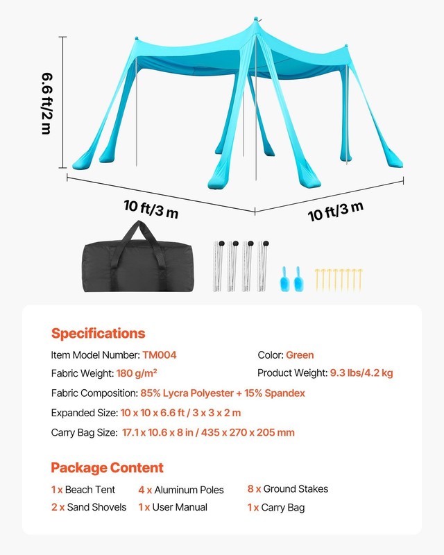 Beach Sun Shelter 10x10ft, UPF50+ Lycra, 8 Sandbags, 4 Alum Poles, Easy Setup gallery