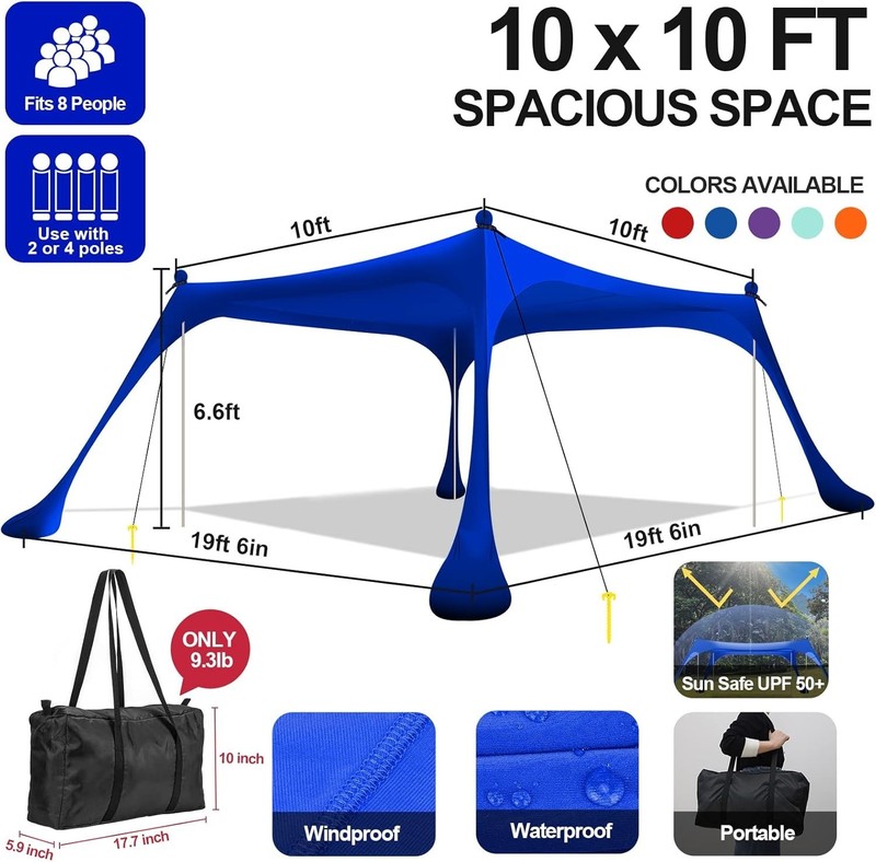 Beach Tent Pop Up Shade 10x10ft Beach Canopy Sun Shelter + with 4 Foldable Po... gallery