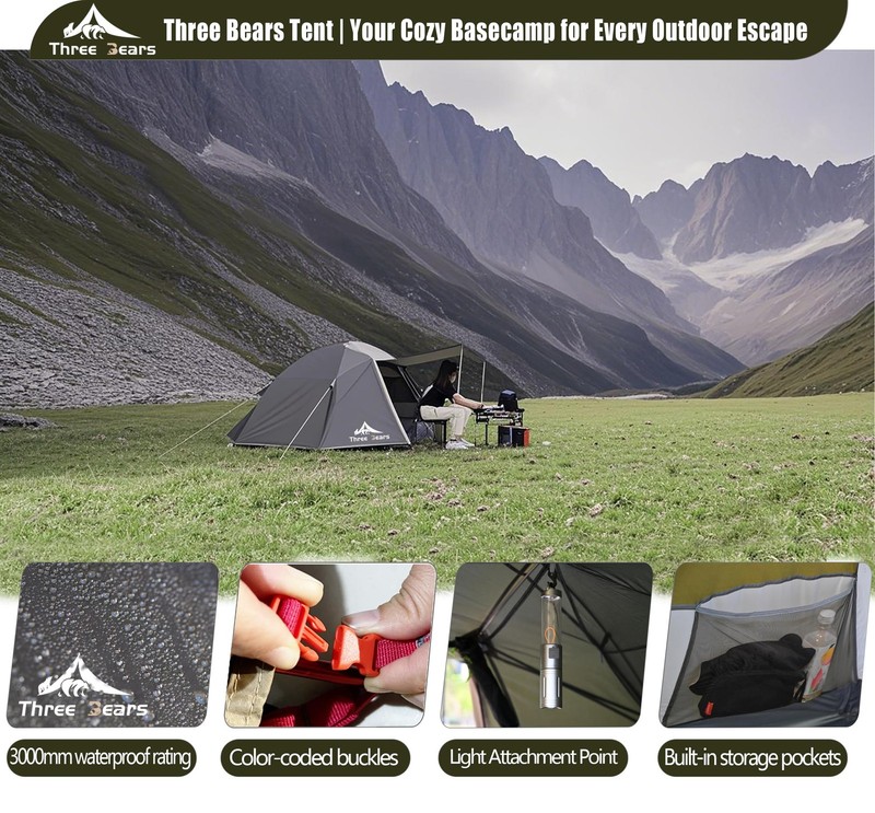 ThreeBears 4-Person Backpacking Tent Shelter, 3000mm Waterproof, Easy Setup, Spa gallery