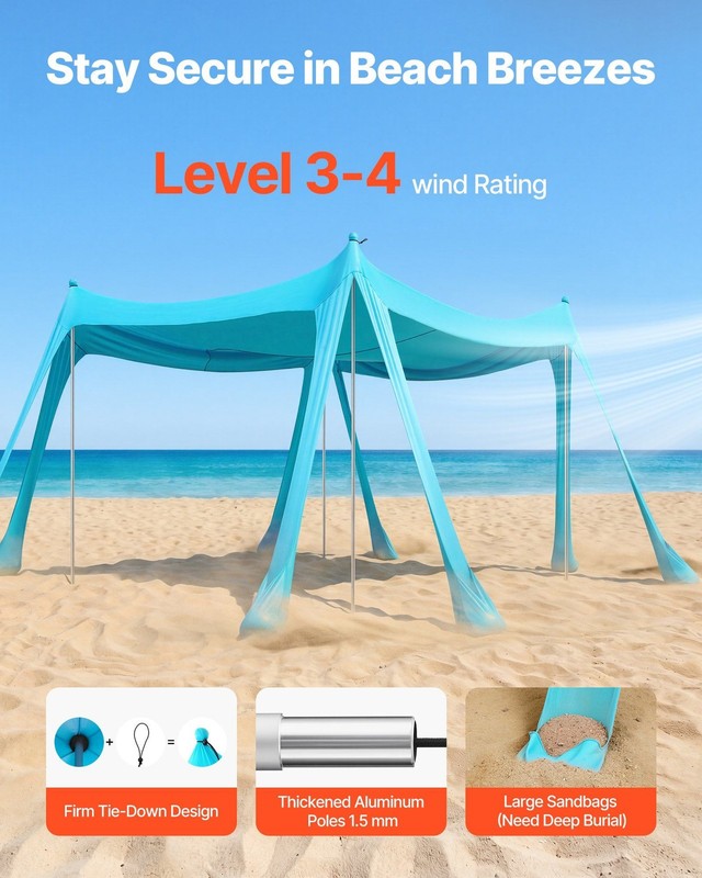 Beach Sun Shelter 10x10ft, UPF50+ Lycra, 8 Sandbags, 4 Alum Poles, Easy Setup gallery